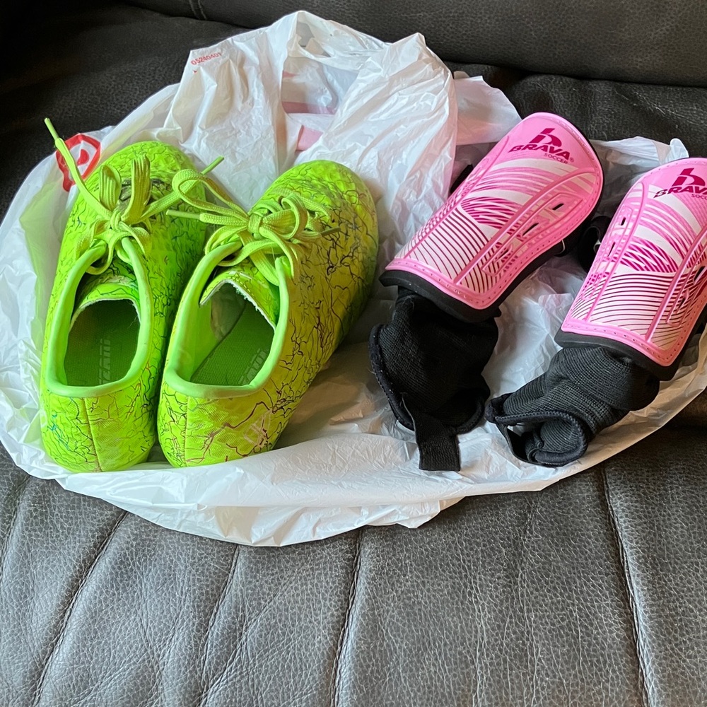 Green Soccer Cleats and Pink Shin Guards